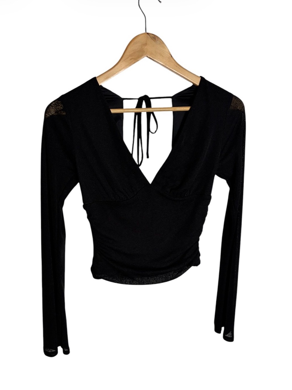 Black long sleeve v neck cutout tie back blouse size S